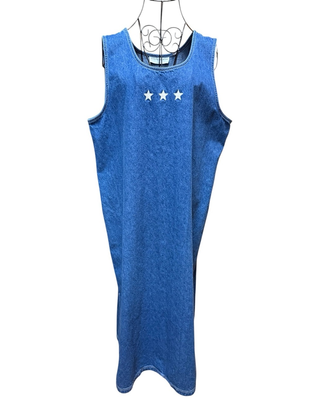 Vintage 90's Marisa Christina Blue Sleeveless Denim Maxi Dress with Star Accents